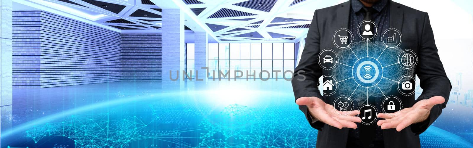 Businessman Presenting With Both Open Hands Showing Futuristic Technology.