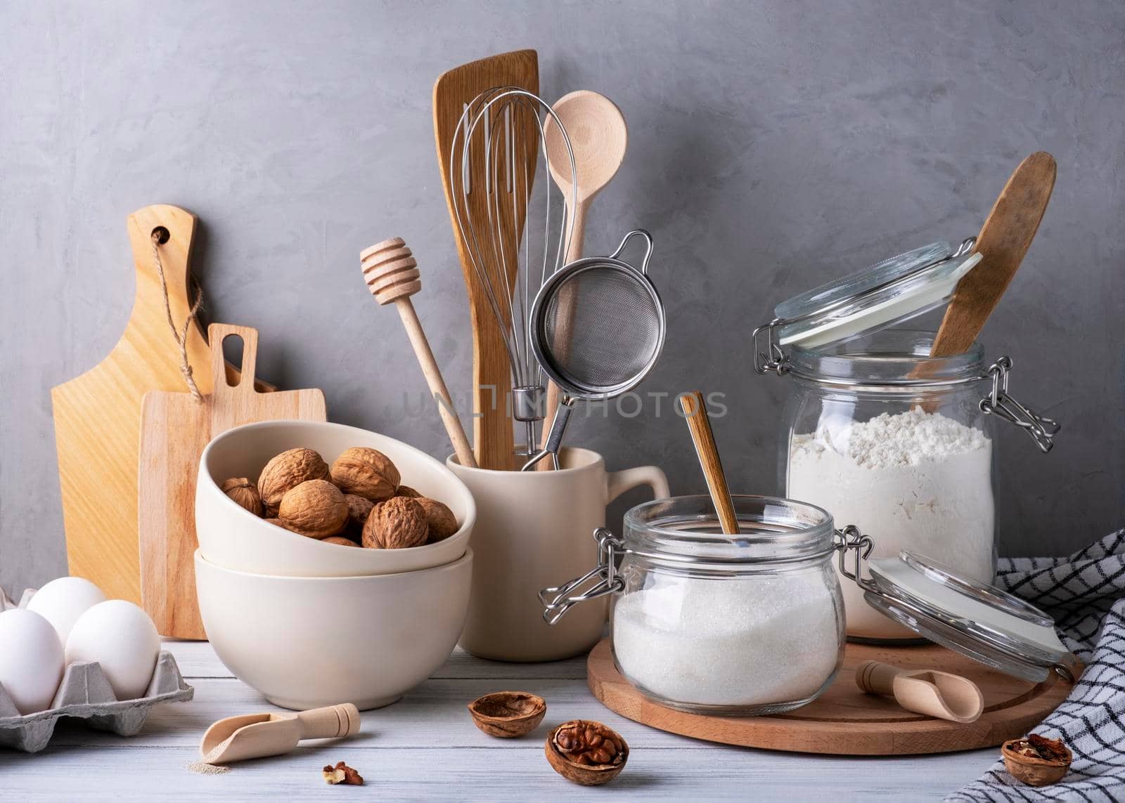 Kitchen utensils and containers. Ingredients for baking pie by OlgaGubskaya