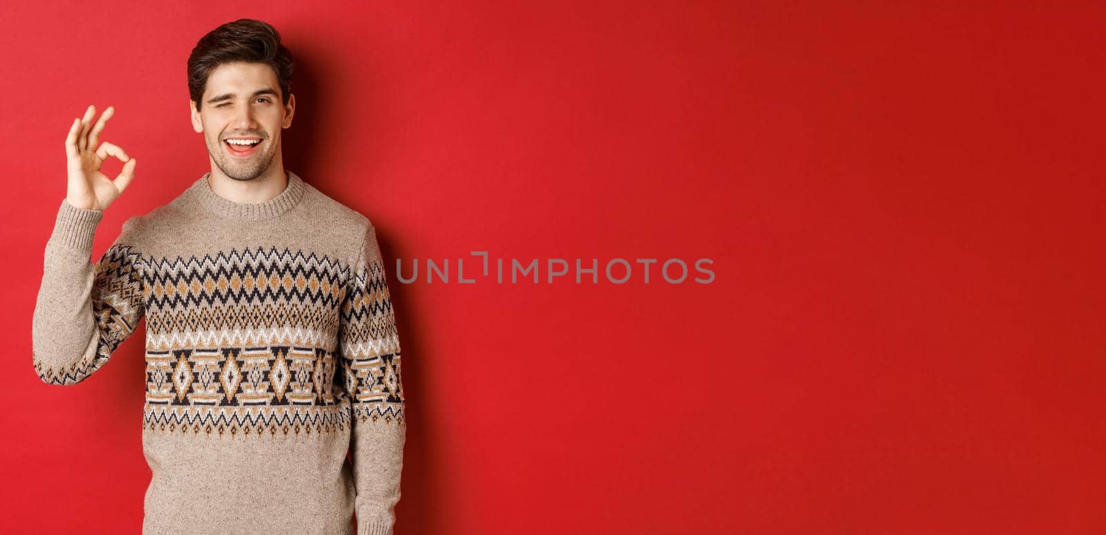Concept of christmas celebration, winter holidays and lifestyle. Image of handsome and confident man in xmas sweater, guarantee something, showing okay sign and smiling, red background by Benzoix