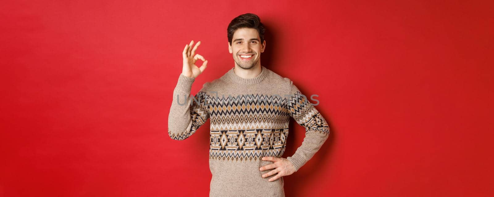 Concept of christmas celebration, winter holidays and lifestyle. Portrait of attractive man in xmas sweater, smiling happy and showing okay sign, praise something good, red background by Benzoix