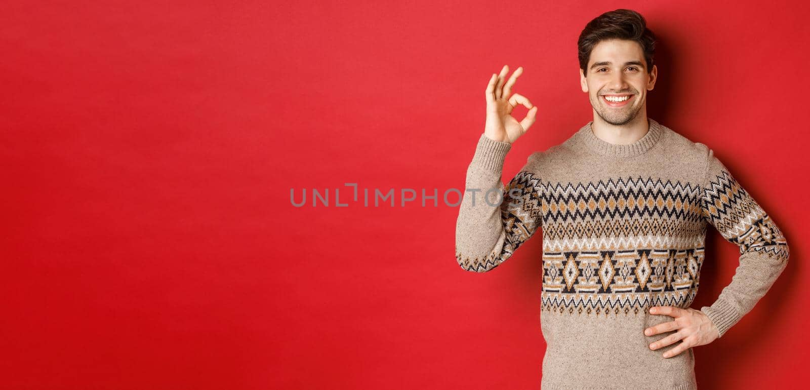 Concept of christmas celebration, winter holidays and lifestyle. Portrait of attractive man in xmas sweater, smiling happy and showing okay sign, praise something good, red background by Benzoix