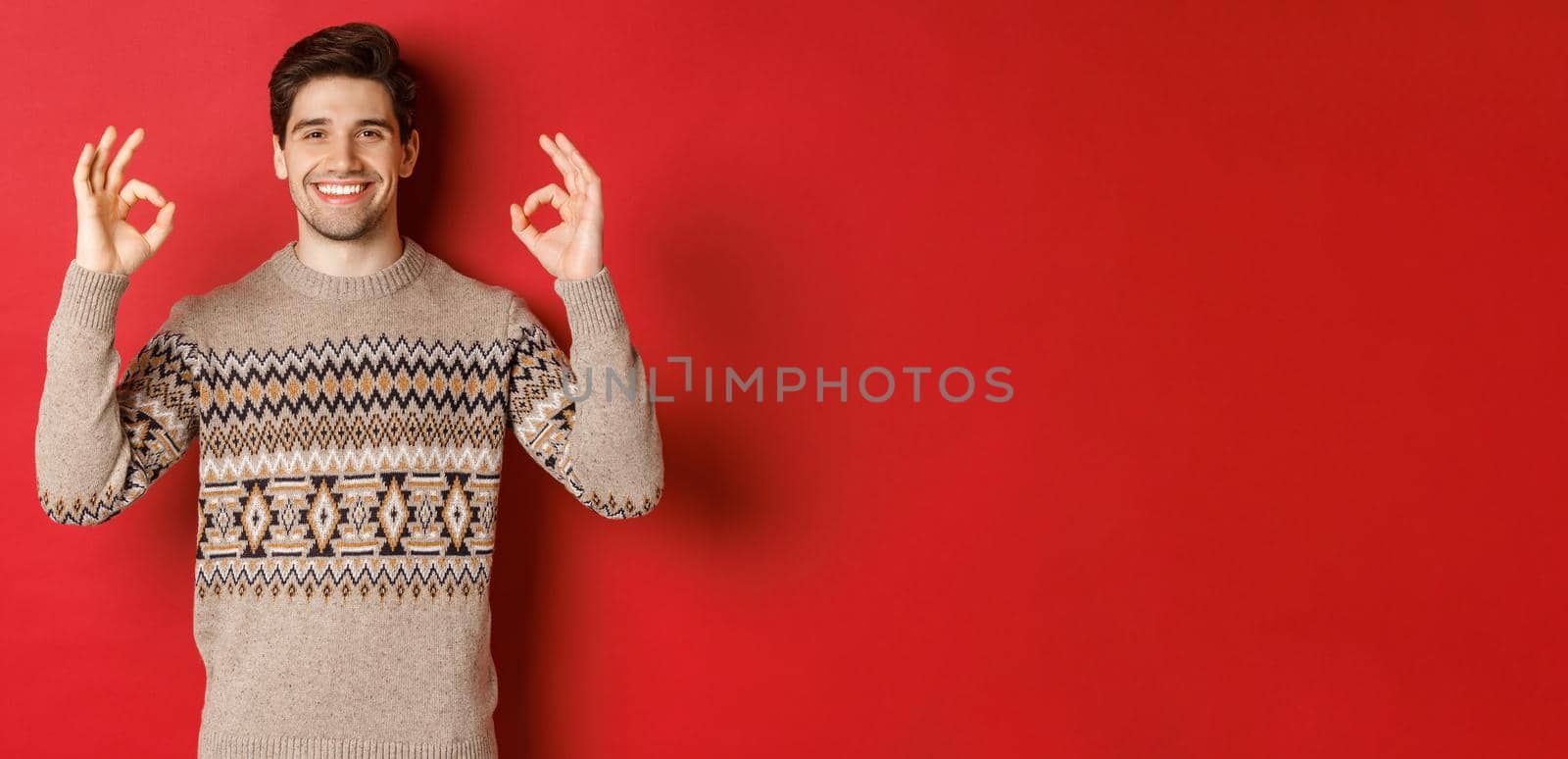 Concept of christmas celebration, winter holidays and lifestyle. Satisfied handsome man in sweater, showing okay signs and smiling pleased, recommending something, red background.