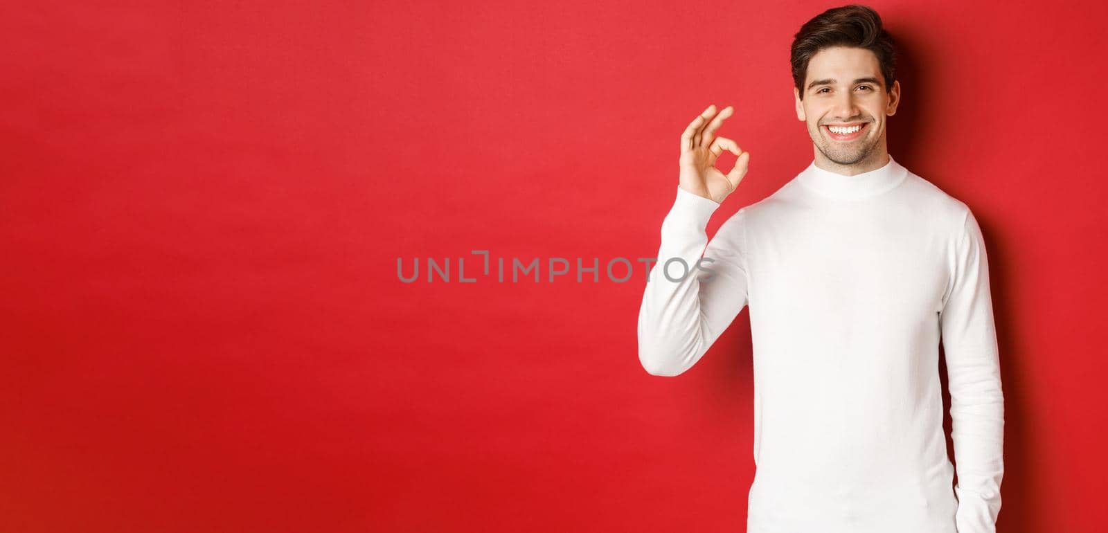 Portrait of happy and satisfied handsome man, wearing white sweater, showing okay sign and smiling, approve something good, recommending shop, standing over red background.