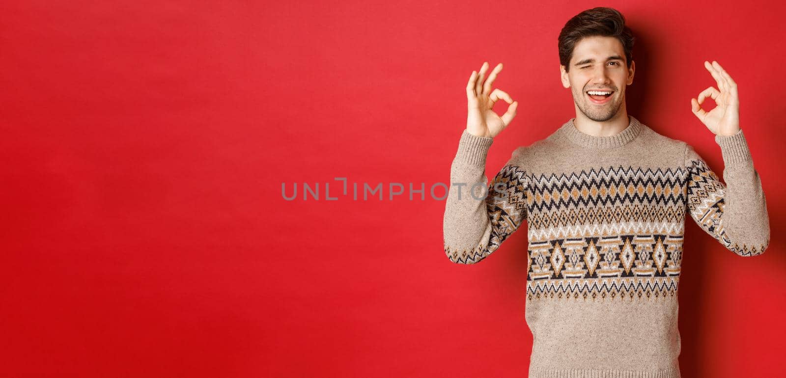 Concept of christmas celebration, winter holidays and lifestyle. Confident and cheeky handsome man, guarantee everything good, showing okay signs and winking at camera, red background by Benzoix