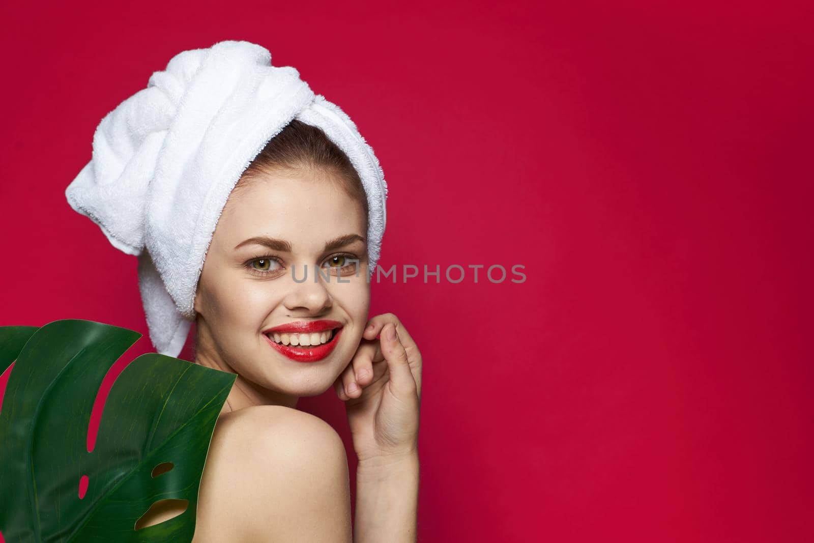 beautiful woman palm leaf bare shoulders clear skin studio model. High quality photo