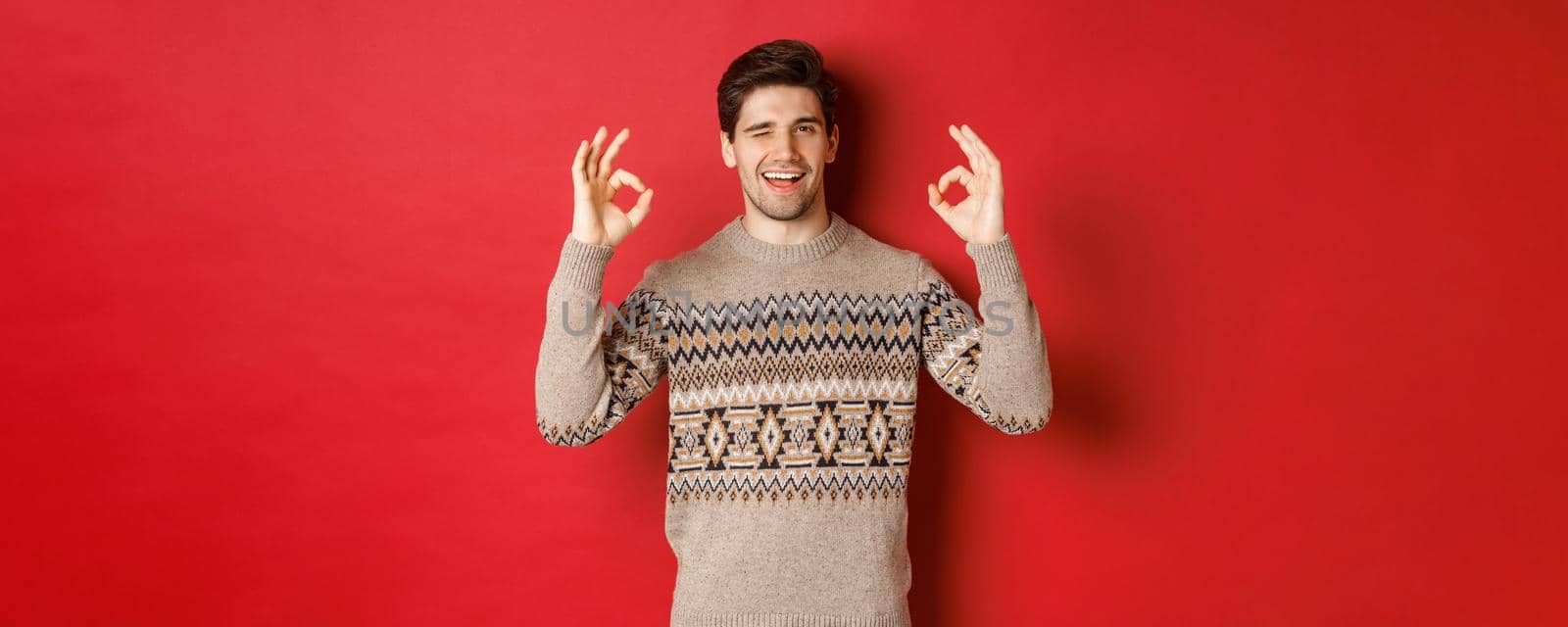 Concept of christmas celebration, winter holidays and lifestyle. Confident and cheeky handsome man, guarantee everything good, showing okay signs and winking at camera, red background.
