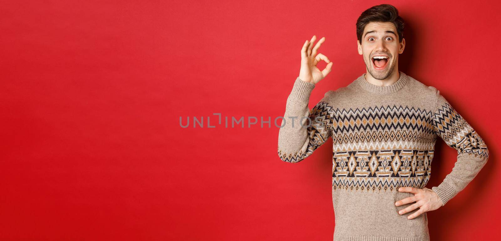 Concept of christmas celebration, winter holidays and lifestyle. Amazed and happy man in xmas sweater, showing okay sign and looking at something fantastic, red background.