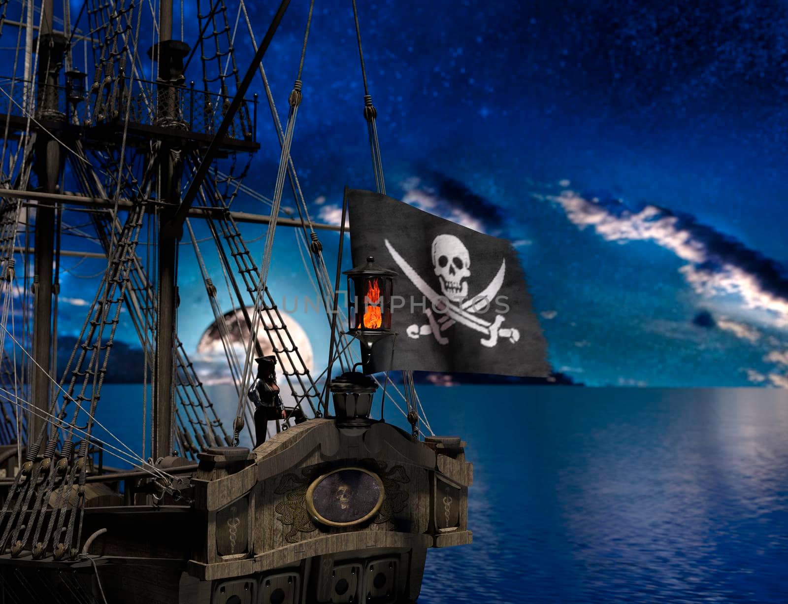 Pirate woman in sail ship with flag at moonlight by ankarb