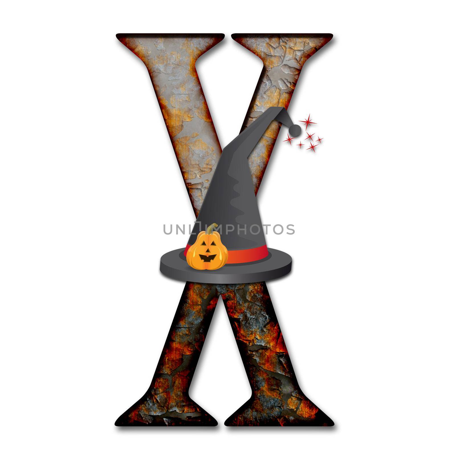 3D render of halloween alphabet capital letter with wizard hat embellished with pumpkin