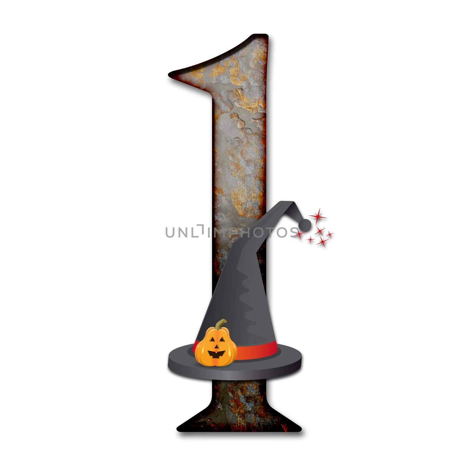 3D render of halloween number with wizard hat embellished with pumpkin