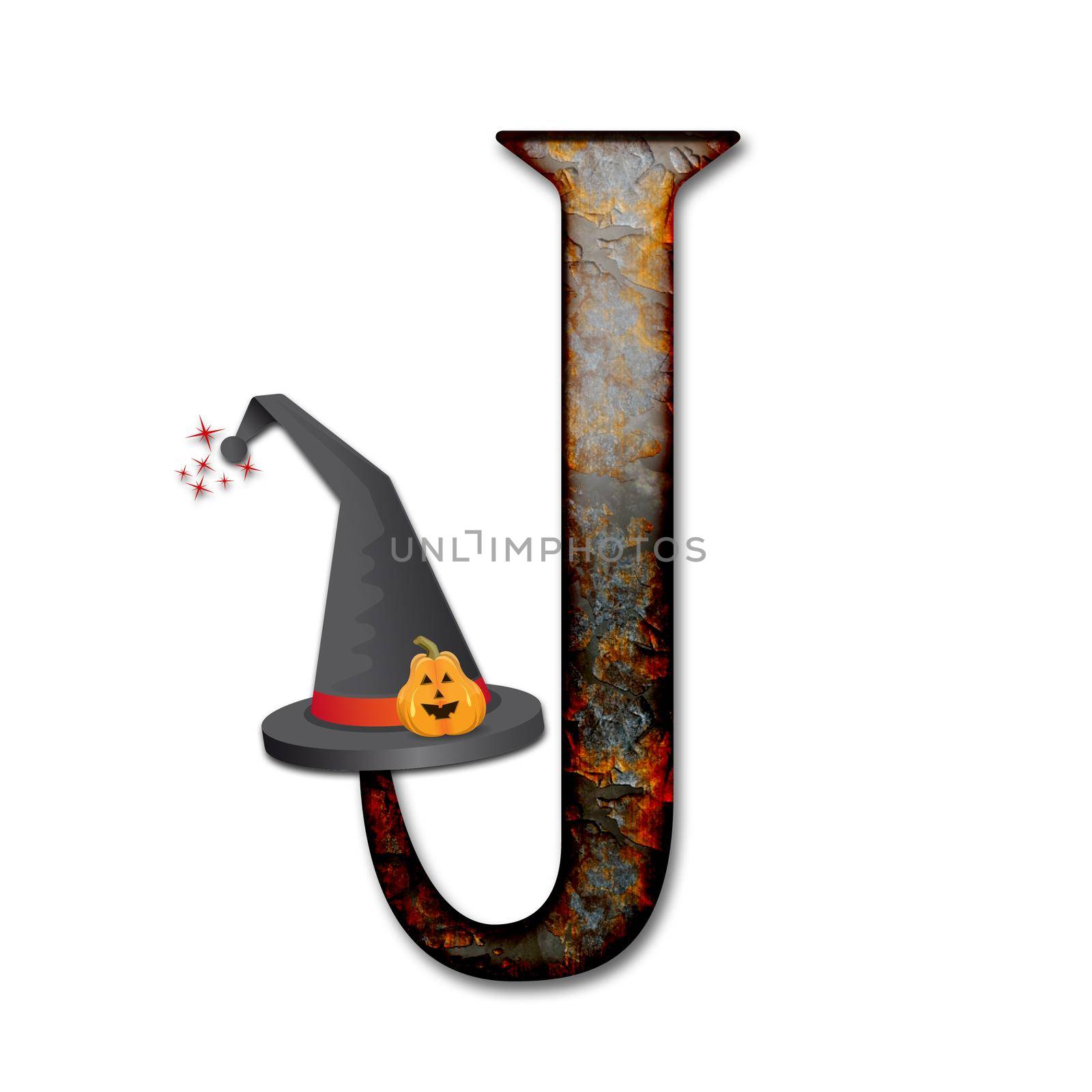3D render of halloween alphabet capital letter with wizard hat embellished with pumpkin
