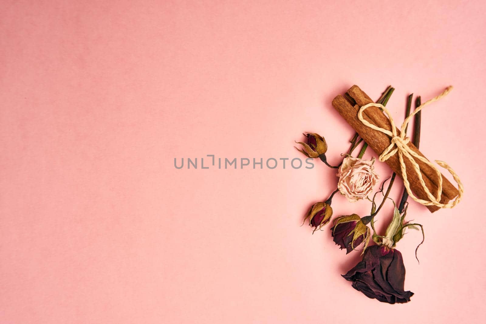 flowers decoration cinnamon pink background top view by Vichizh