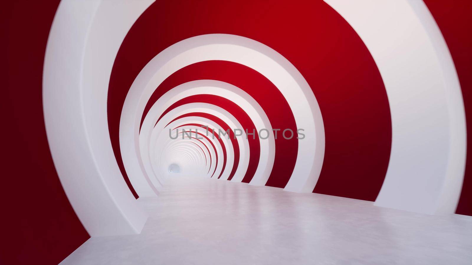 Modern red and white round Futuristic modern architecture corridor building interior 3d render