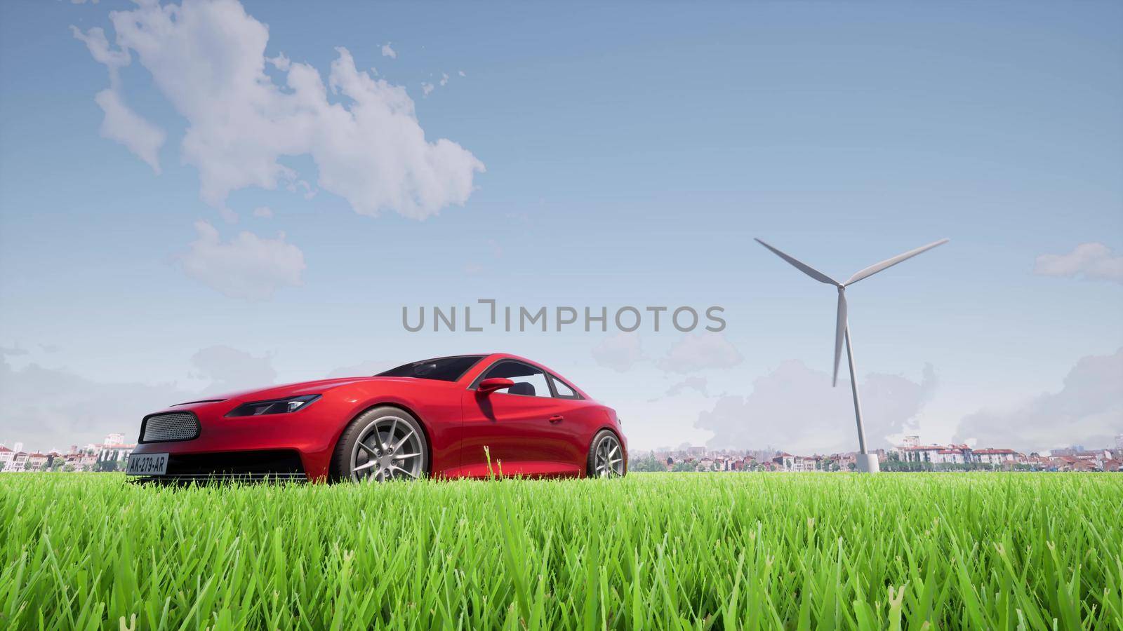 Wind generators machine red car green grass field eco landscape 3d render