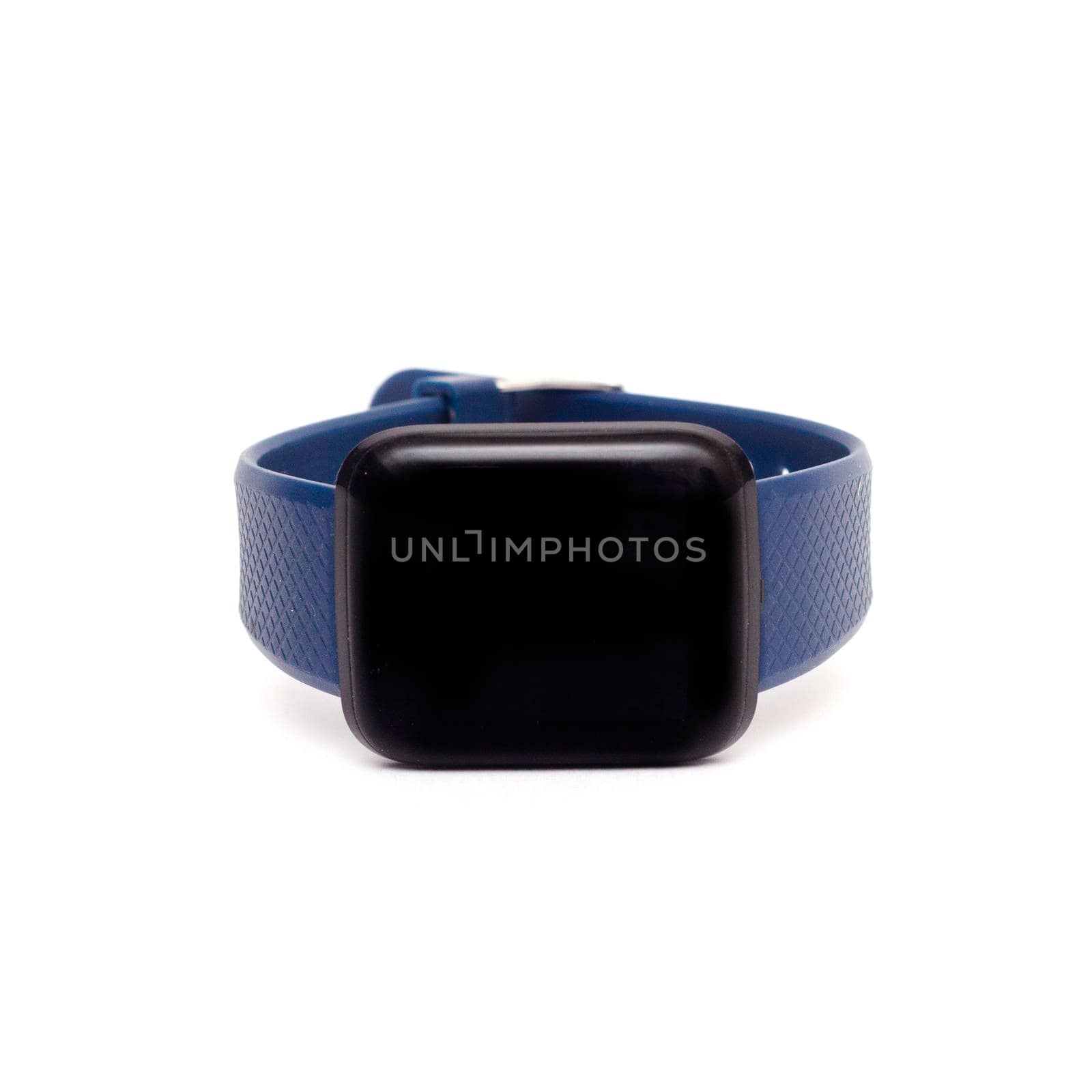 Smart watch with blue plastic strap isolated on white background.