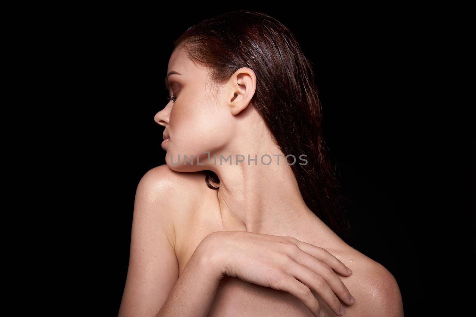 sexy woman emotions gesture hands bare shoulders close-up. High quality photo