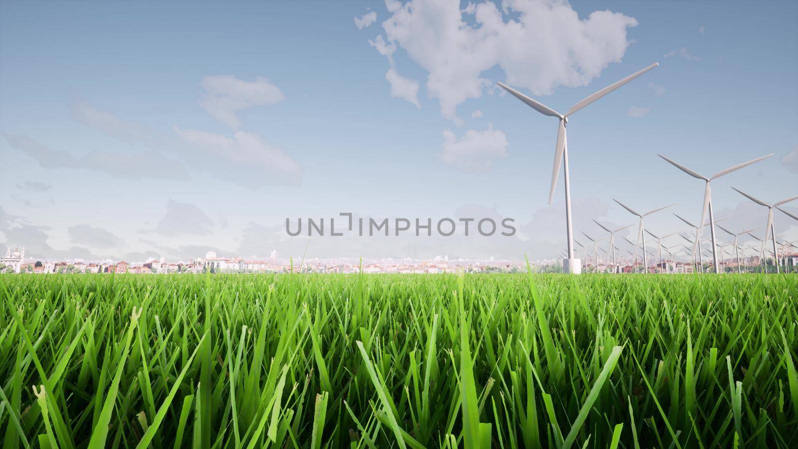 Wind generators Power electric plant Sustainable energy eco green grass landscape 3d render by Zozulinskyi