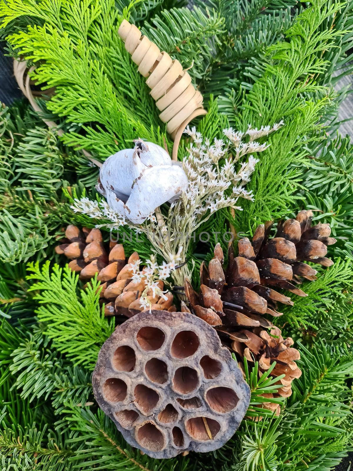 Selective focus of a beautiful arrangement of fir branches and cones at Christmas time
