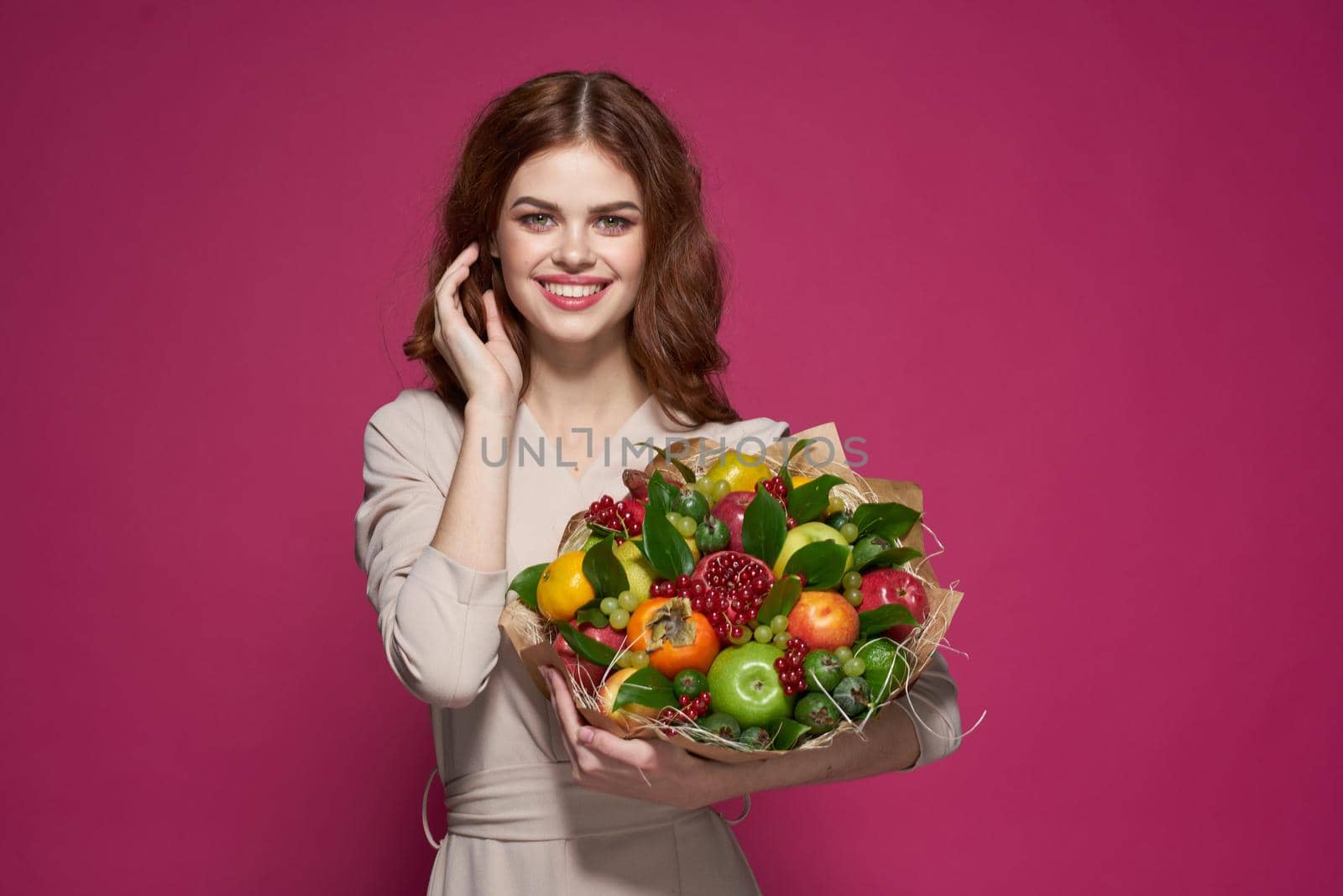beautiful woman fun posing fruit bouquet vitamins Studio Model by Vichizh