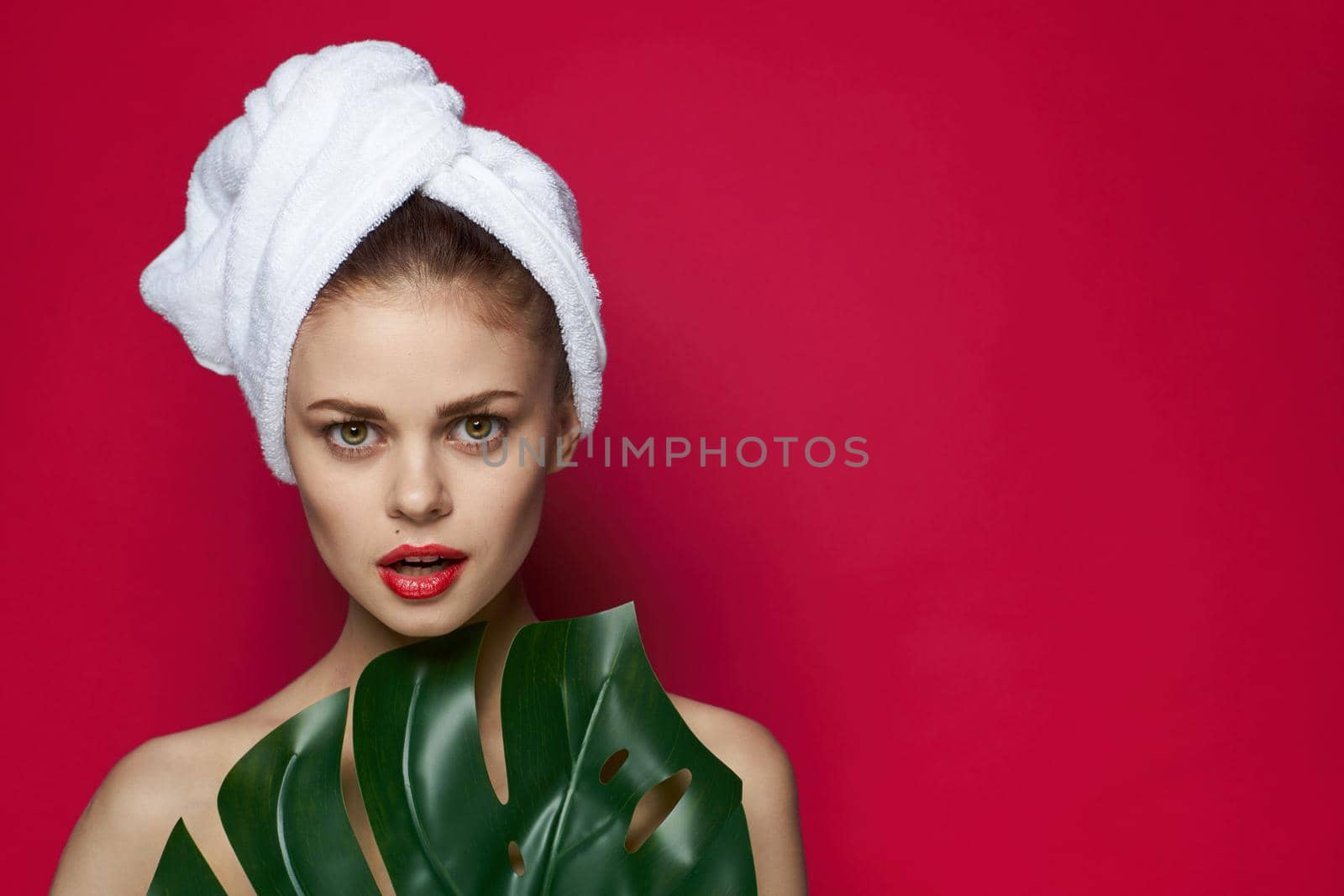 beautiful woman palm leaf bare shoulders clear skin studio model. High quality photo