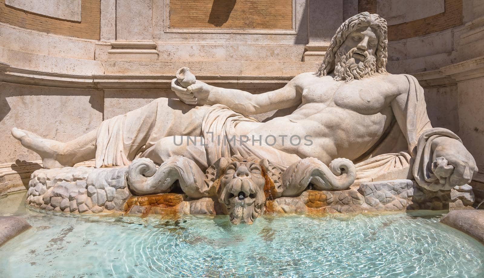 ROME, ITALY - CIRCA AUGUST 2020: famous Greek sculpture of Ocean god, named Marforio. Classic mythology in art.