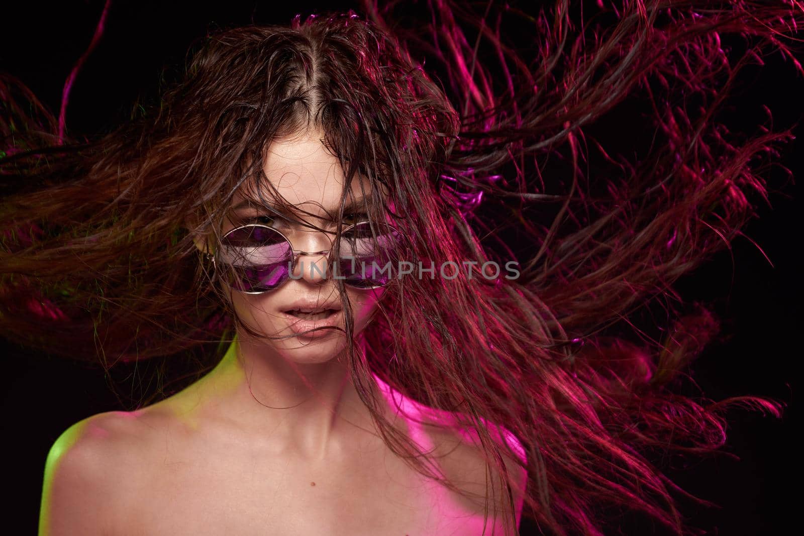 sexy woman wearing sunglasses posing luxury studio lifestyle by Vichizh