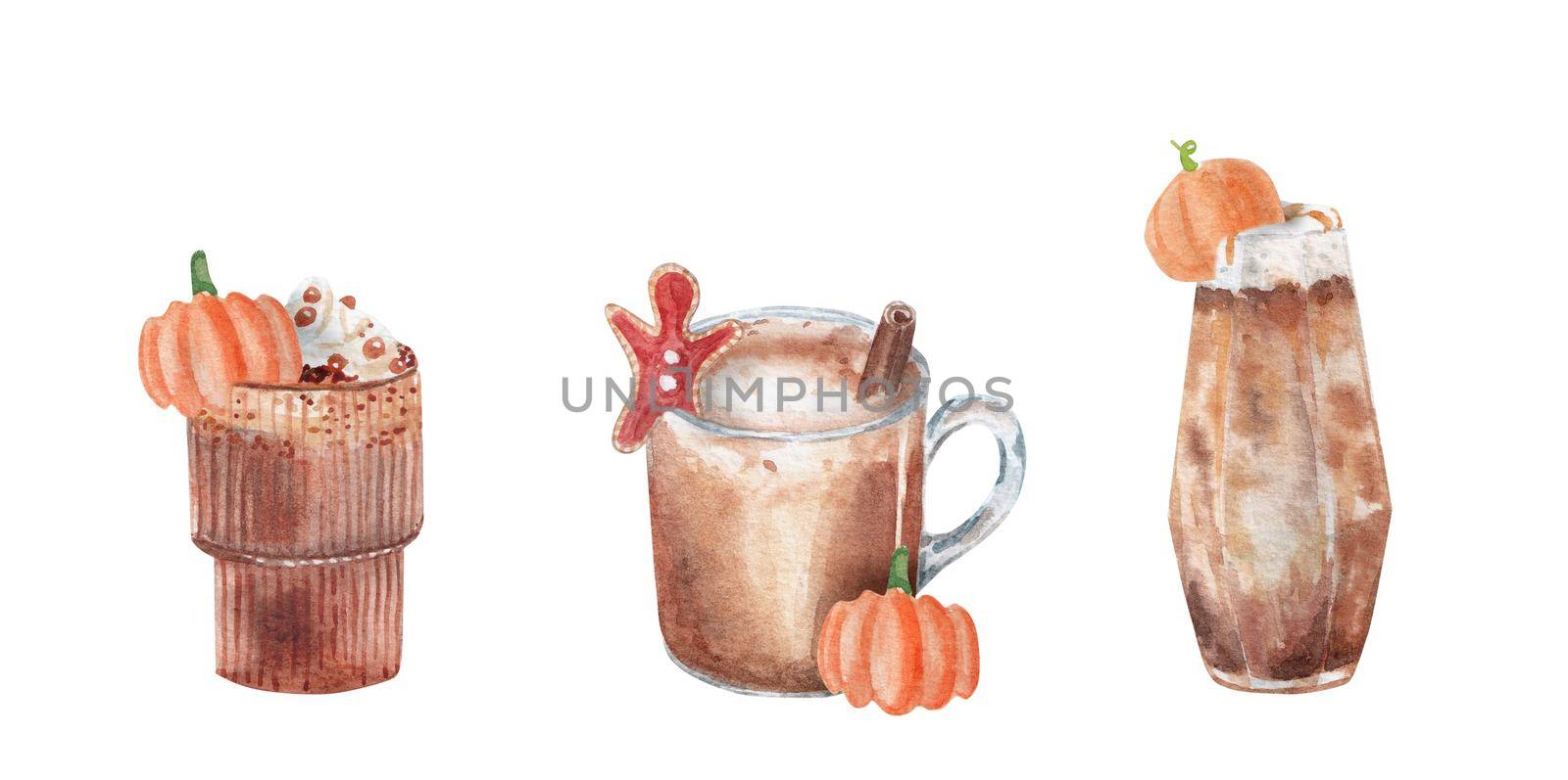 Hand drawn watercolor illustration of coffee cups with pumpkins, isolated on white background