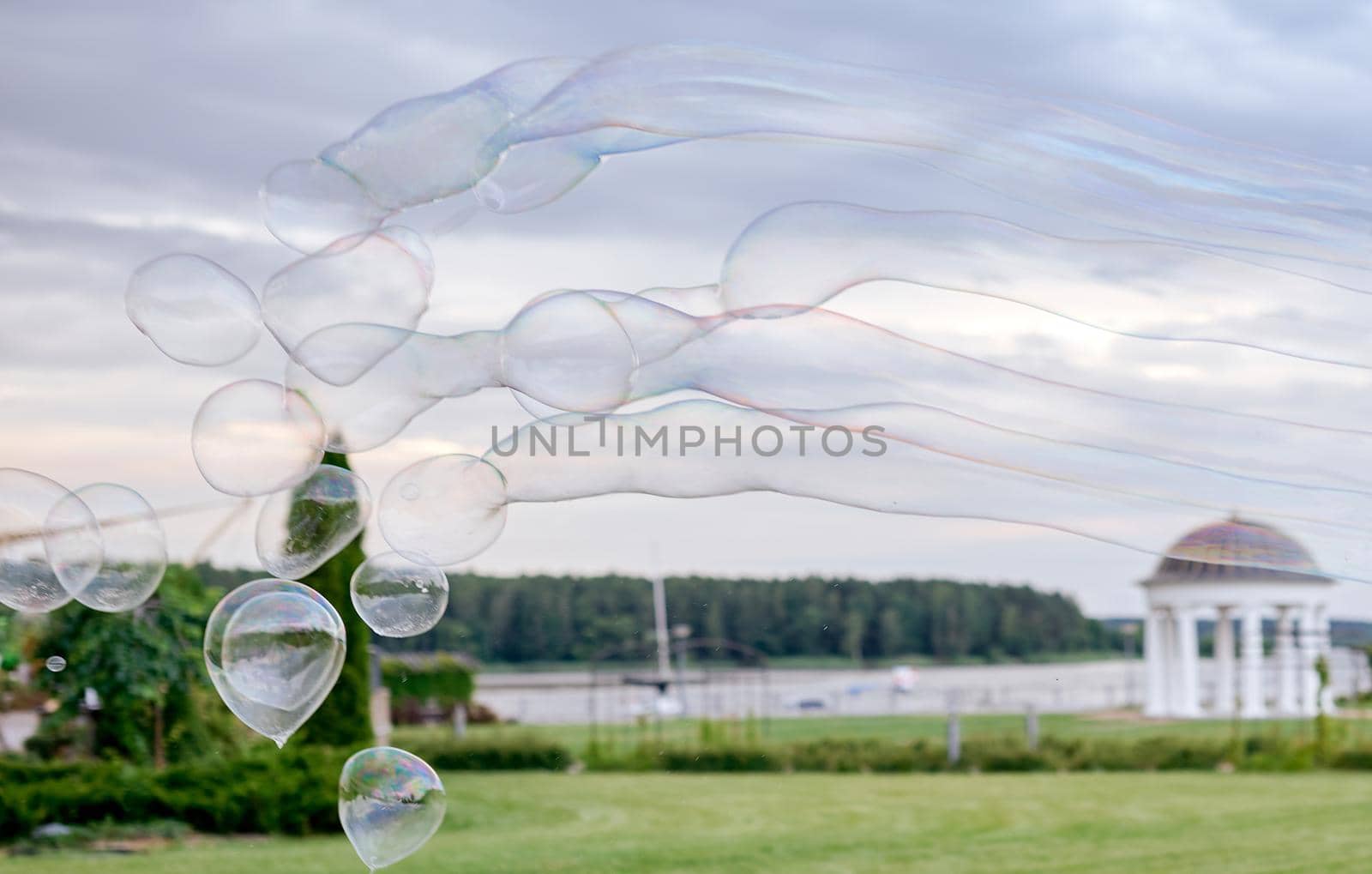 concept, soap bubbles as sperm fly to the left against the sky . High quality photo