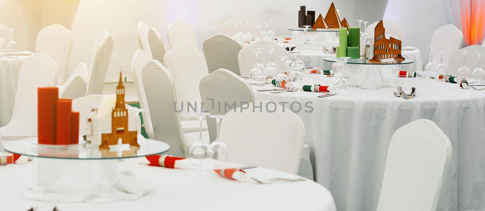 Catering. Served tables. Stylized as Russia with the Kremlin, Italy with the Colosseum and Egypt with pyramids. High quality photo