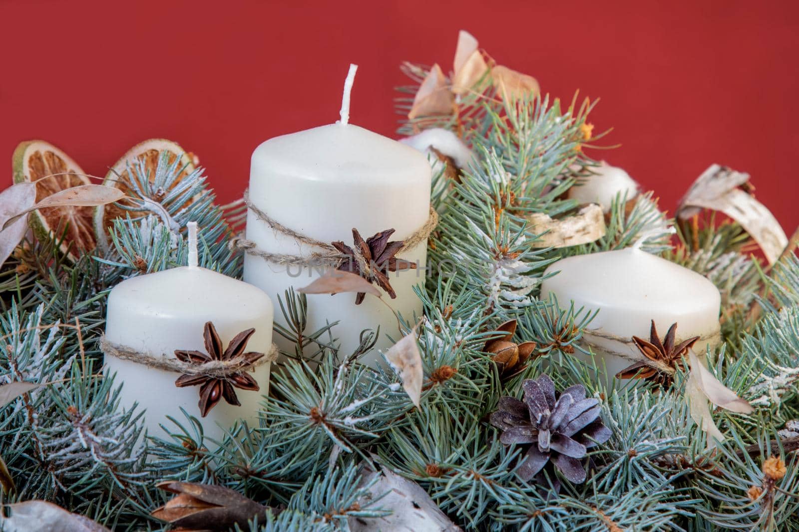 composition candles festively decorated for christmas. beautiful greeting card by Mariaprovector