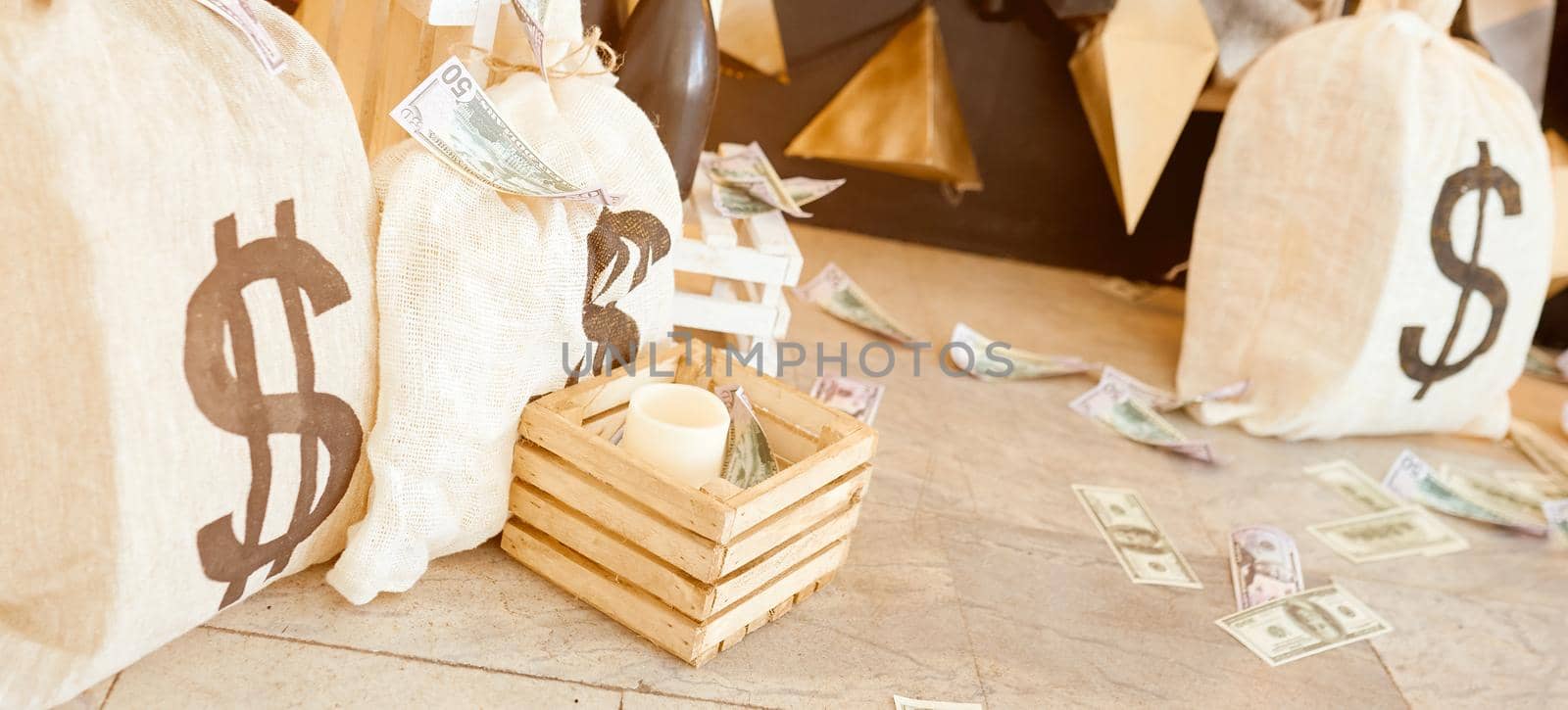 Big Bag Of Money on ground with wood box and future background. High quality banner