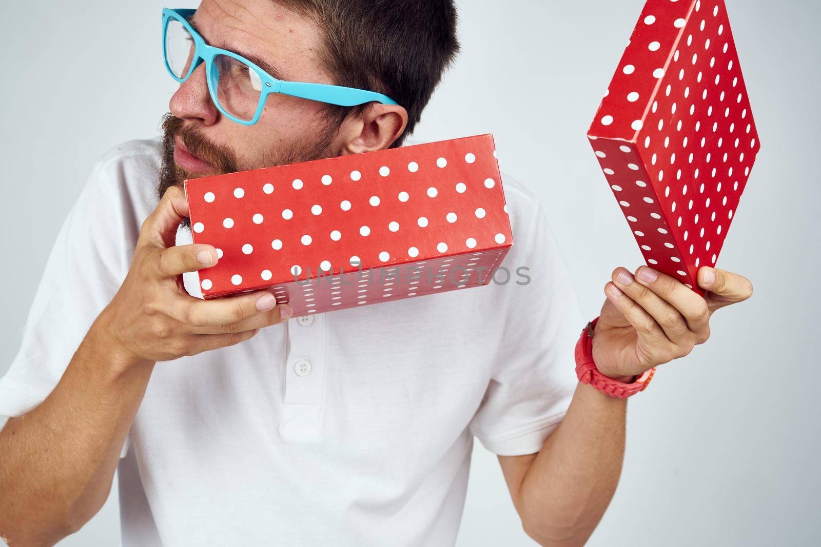 bearded man box with gift holiday birthday by Vichizh