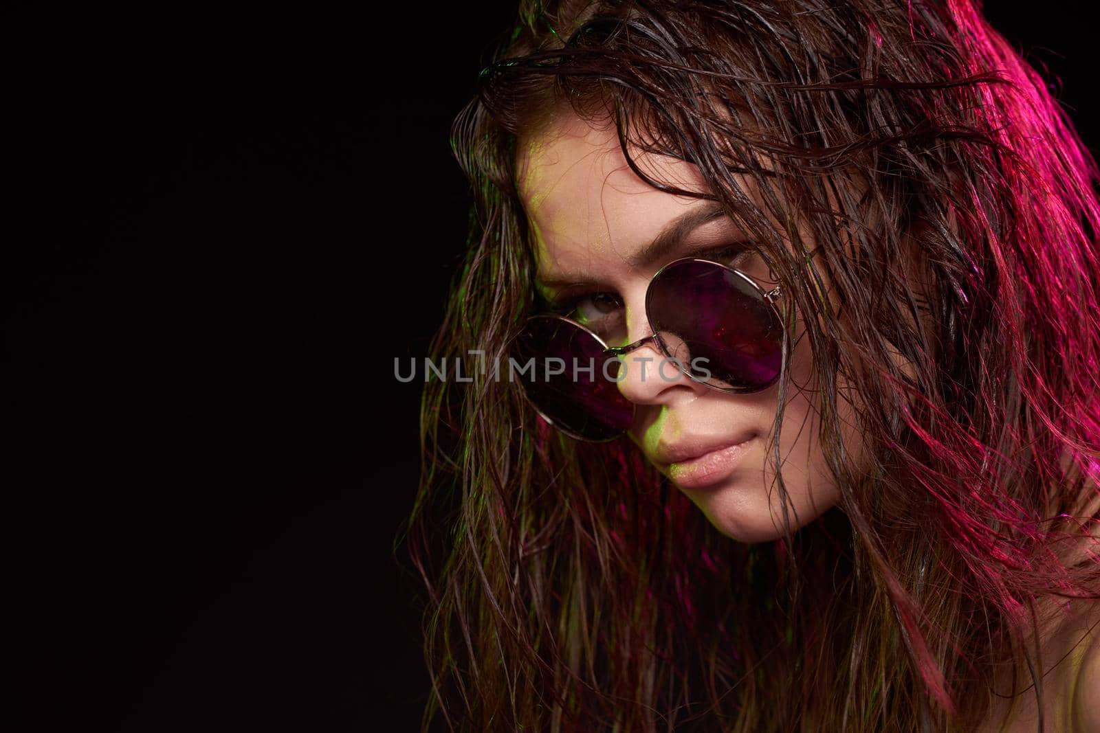 sexy woman wearing sunglasses posing luxury studio lifestyle by Vichizh