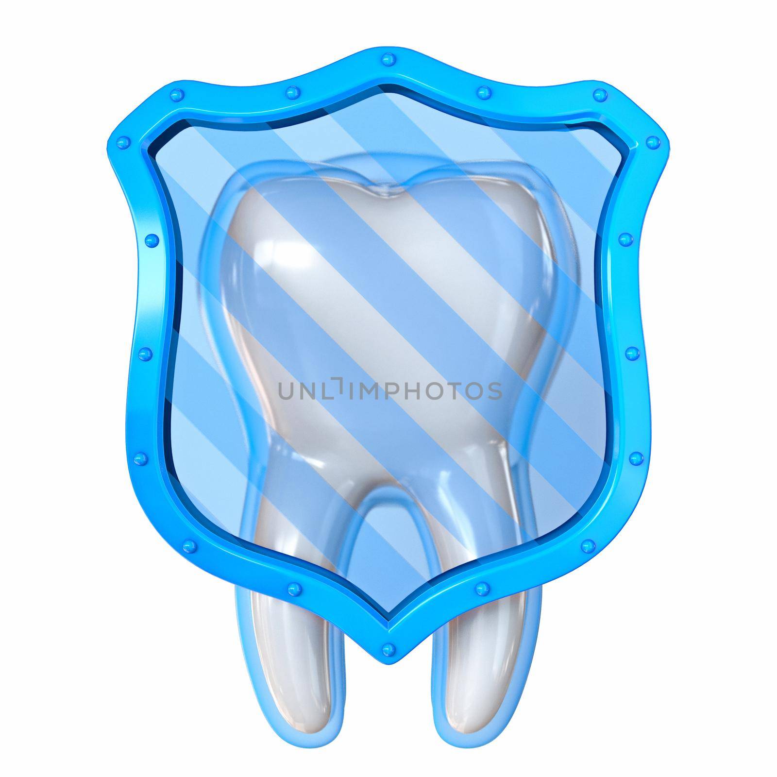 Tooth protection concept with blue shield 3D render illustration isolated on white background