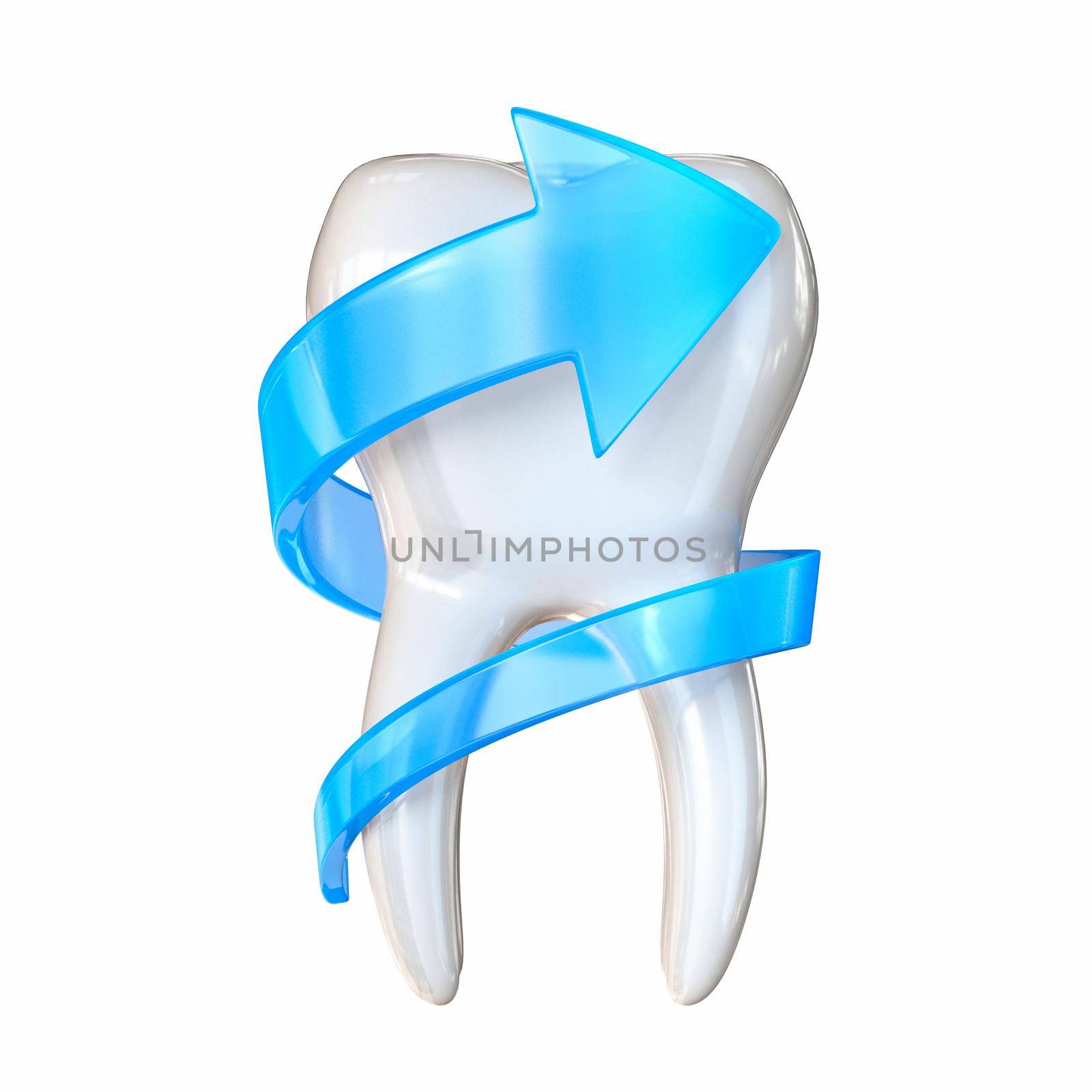 Tooth protection concept with blue arrow 3D render illustration isolated on white background