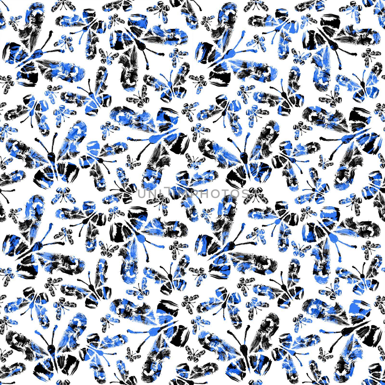 Abstract butterfly seamless pattern in blue, white and black colors. Grunge splash draw paint