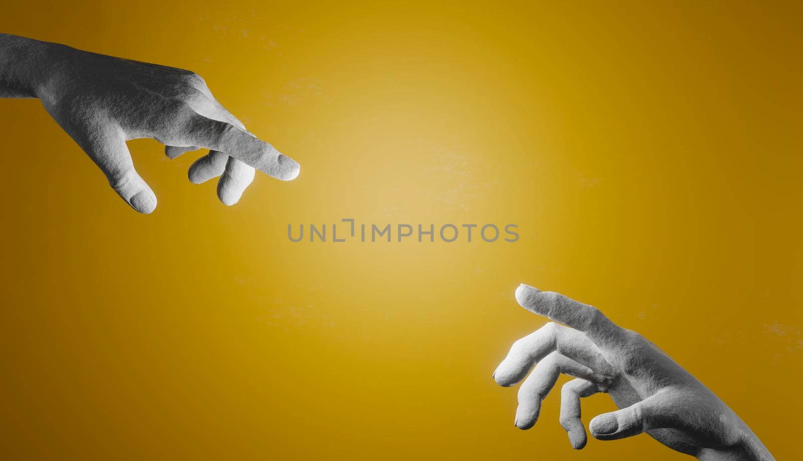 two cement hands trying to touch each other with their fingers on a yellow background illuminated by the center. 3d render