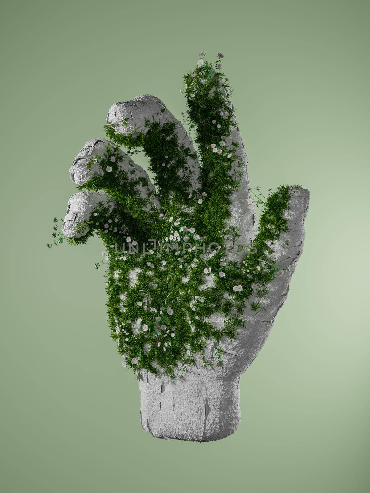 cracked white hand with vegetation and flowers growing out of it on a green background