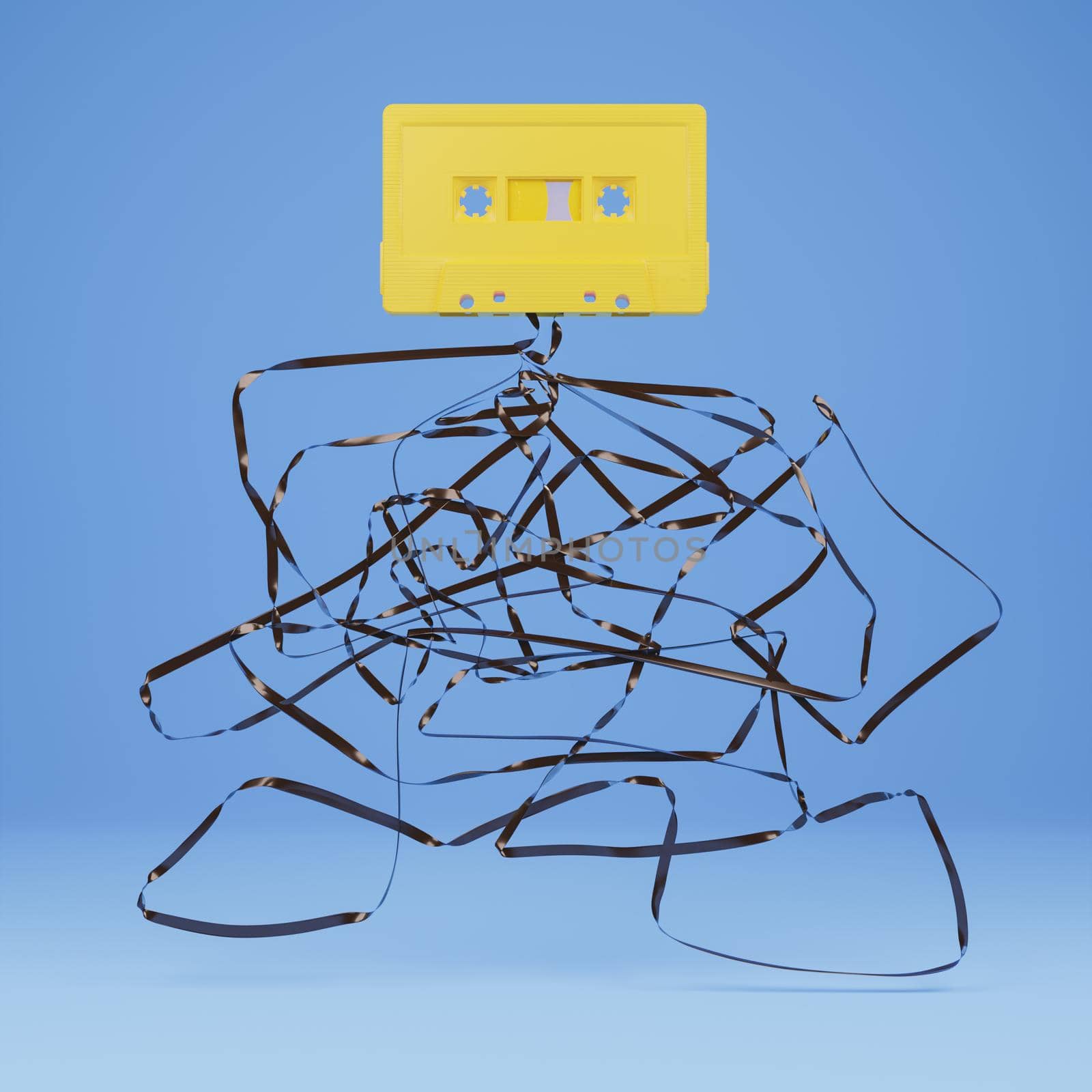 old yellow cassette with the ribbon tangled underneath on blue background. 3d rendering