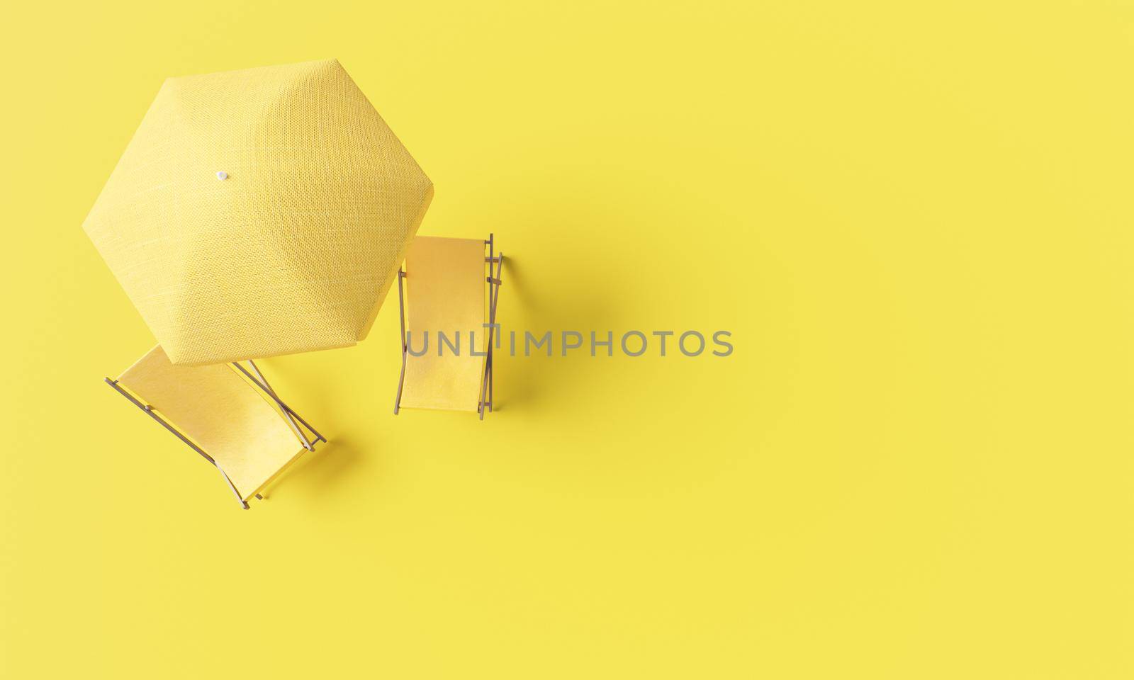 yellow chairs and umbrella on yellow background seen from above. 3d rendering