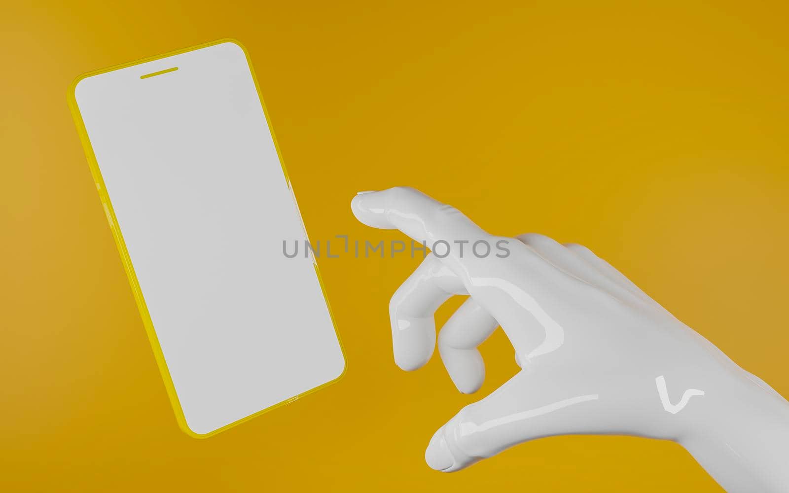 shiny white plastic hand pointing to a yellow mobile phone by asolano