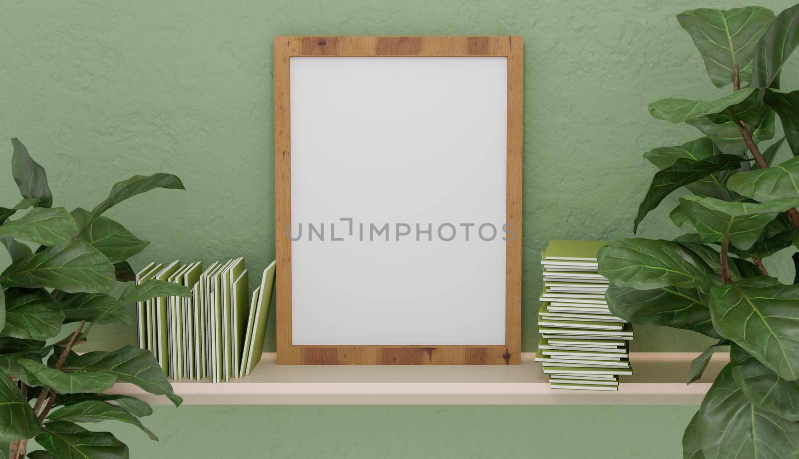 mockup with wooden frame on white shelf with books on the sides and vegetation with green colored wall. 3d render