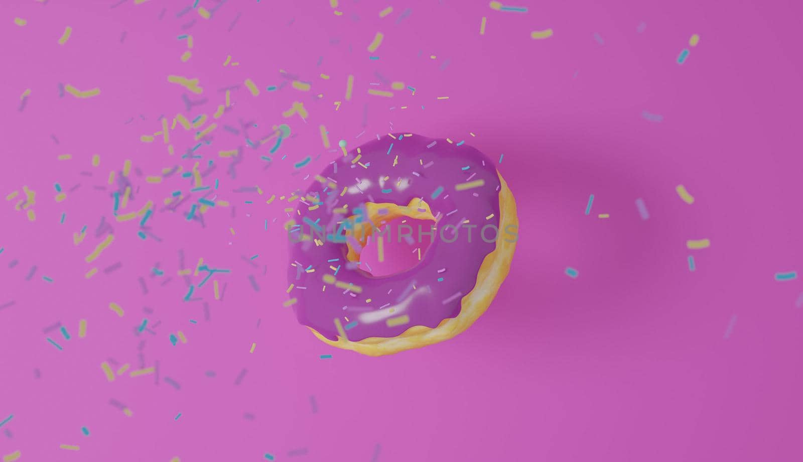 donuts with pink coating and blue, yellow and purple stripes falling on it on a pink background. 3d rendering