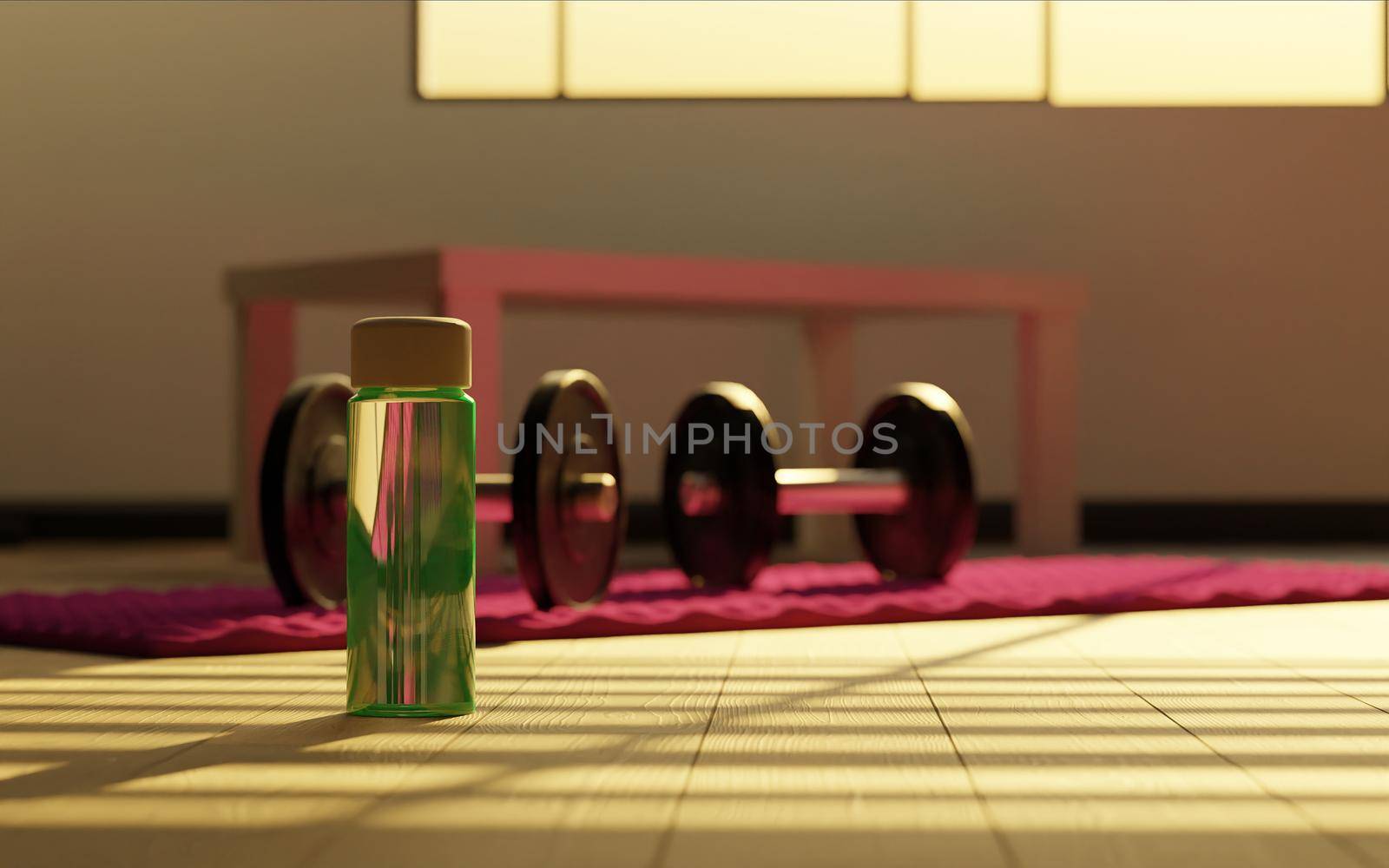green water bottle in living room with dumbbells and home exercise mat with a window behind it. 3d render