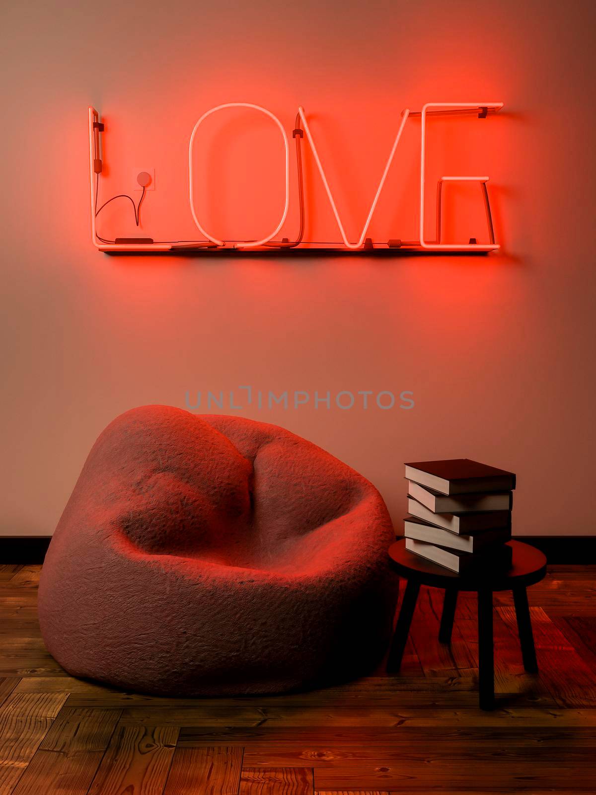 small reading corner with a puff and a small table with books. Scene illuminated with a neon sign with the word "LOVE". 3d render