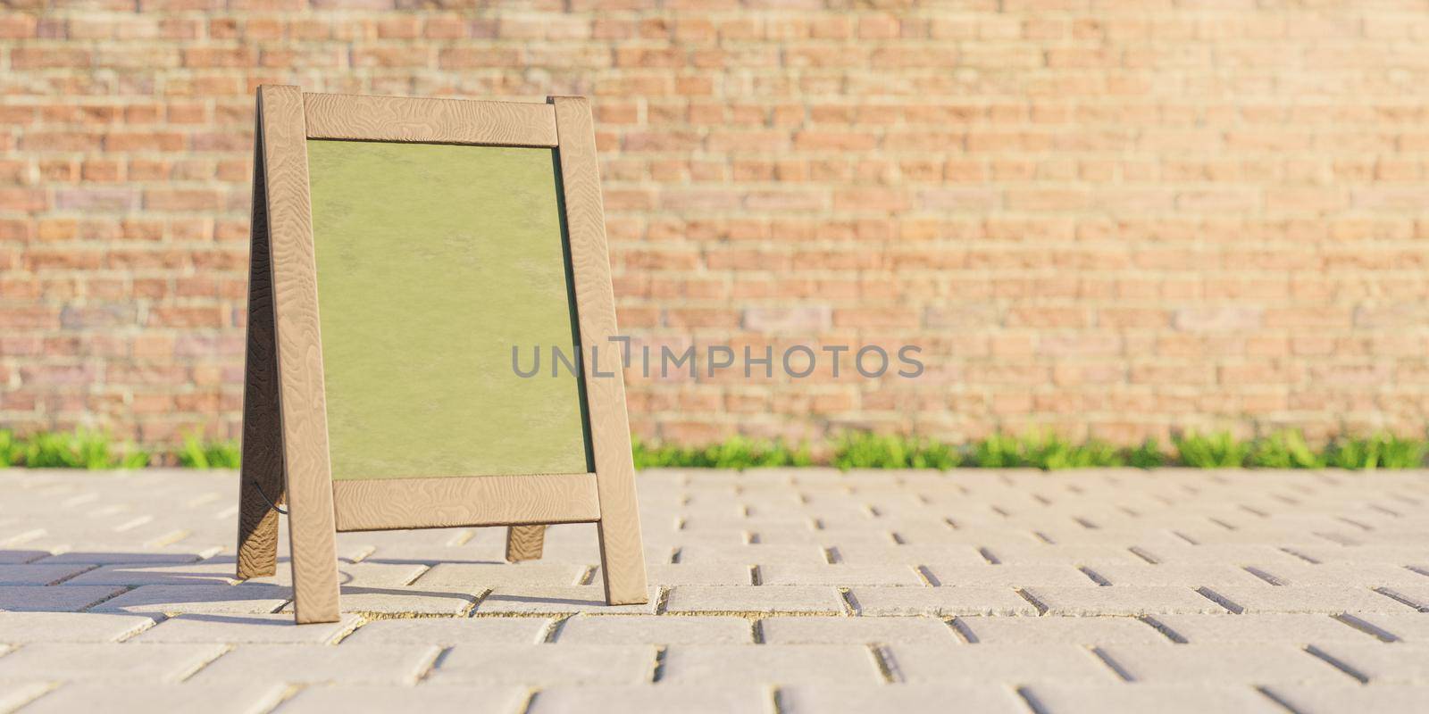 mockup of restaurant menu board in the street with brick wall and blurred background. 3d rendering