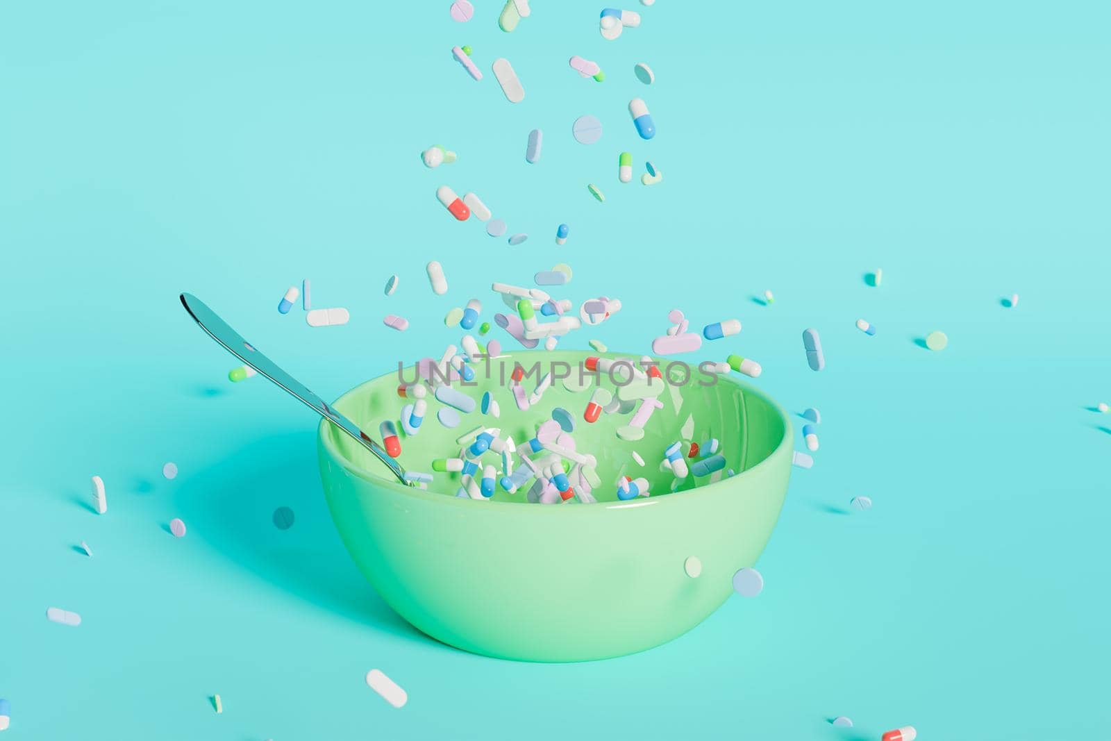 Green ceramic bowl with a spoon inside and many pills falling into it. Blue background. 3d rendering