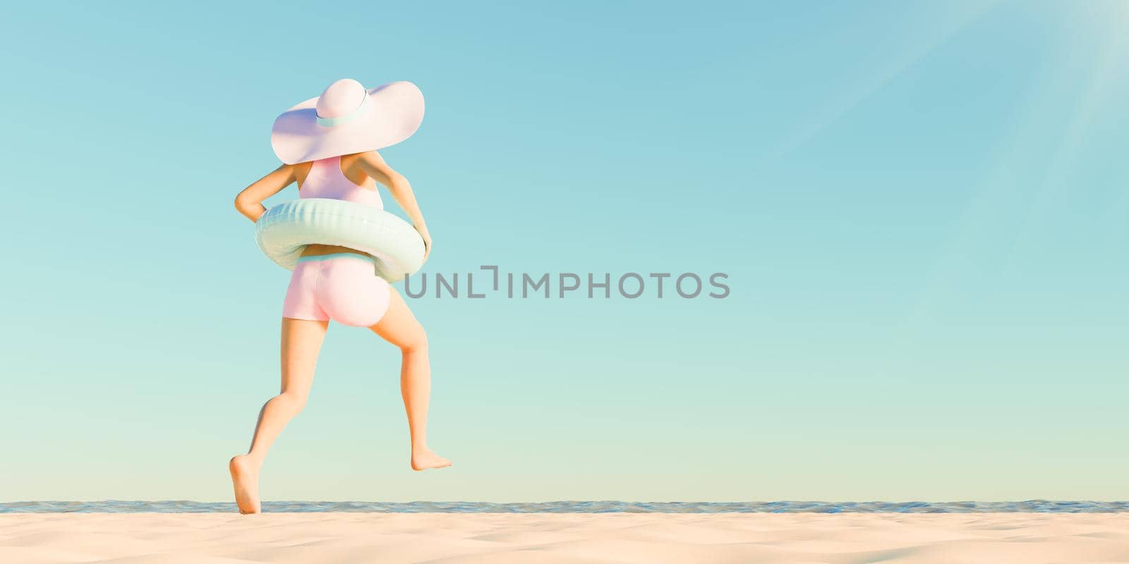 banner of a girl in a hat and pink bikini on the beach with a blue float running into the water with clear sky. 3d rendering