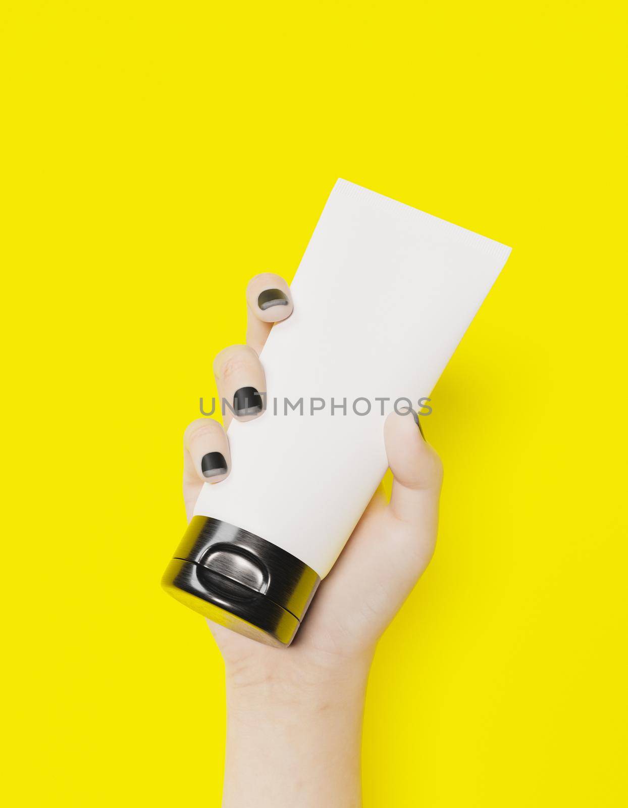 white female hand holding a jar of cosmetic cream on yellow background. mockup. 3d rendering