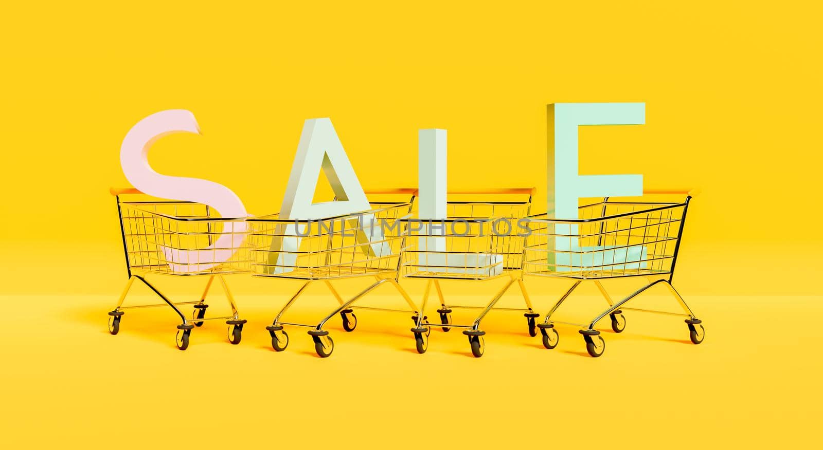 giant letters inside shopping carts with the word SALE on yellow background. 3d render